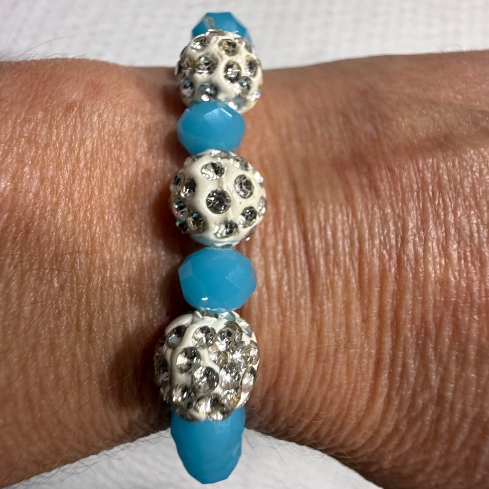 Beaded Stretch Bracelet Womens Blue Rhinestone Disco Ball Jewelry